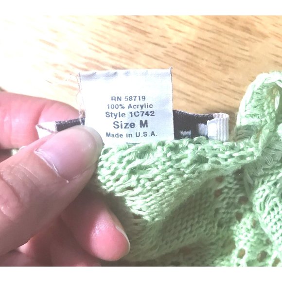 Vintage USA Notations Women's Medium Crop Neon Green Crochet Knit Open Front Car - Picture 8 of 14